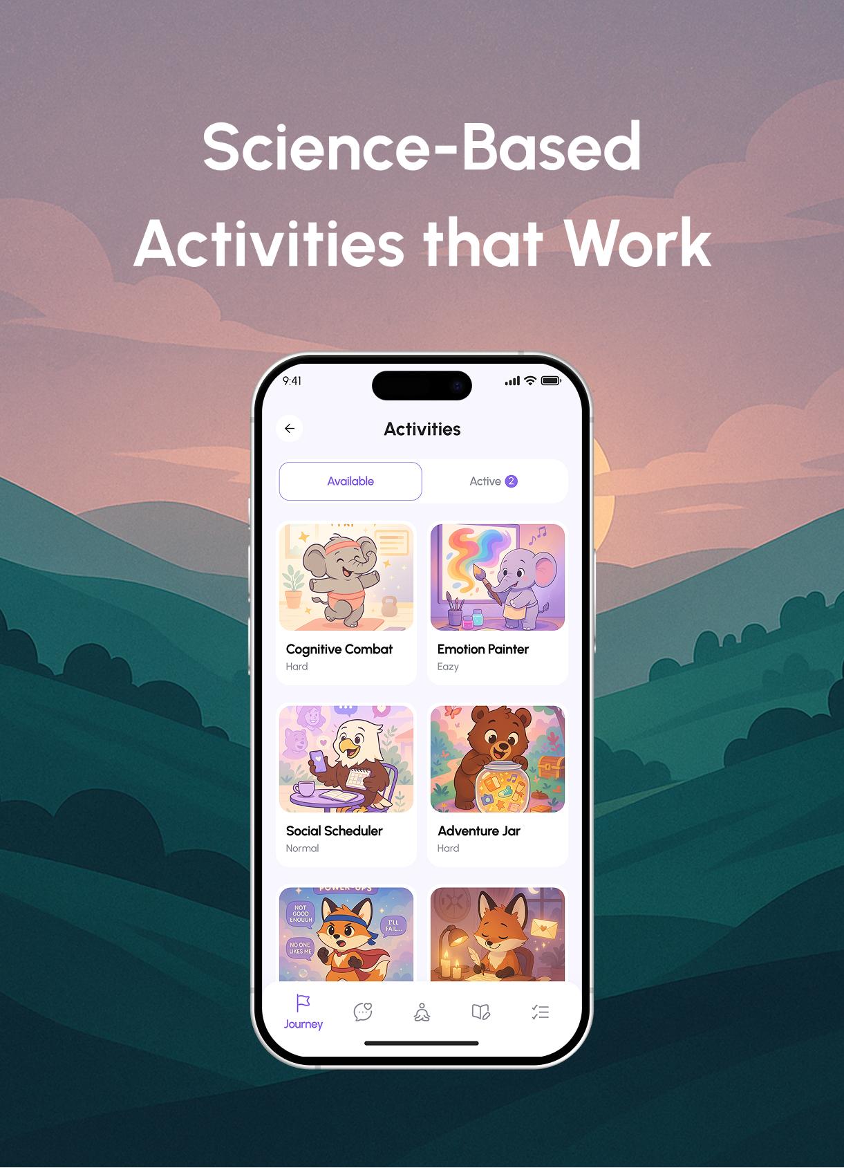 Screenshot of Mind Haven's science-based activities screen