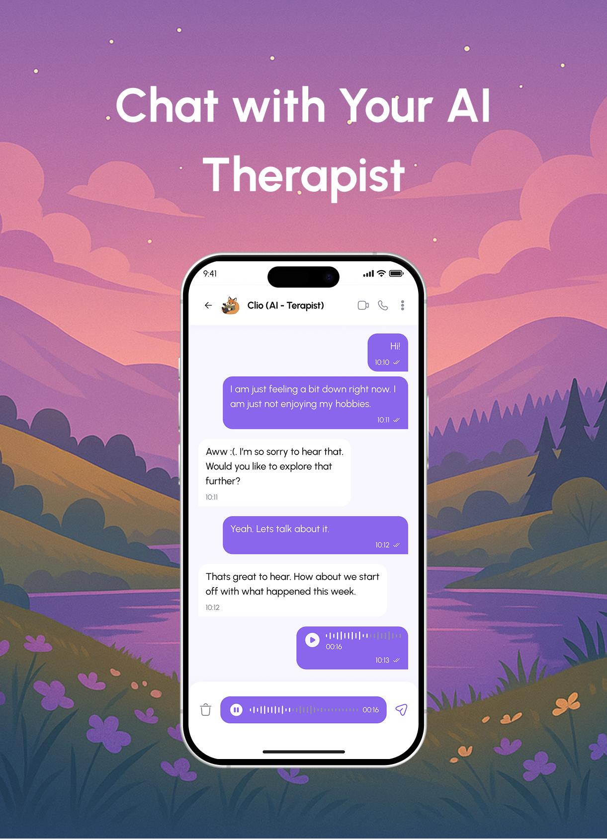 Screenshot of a chat with the AI therapist in Mind Haven
