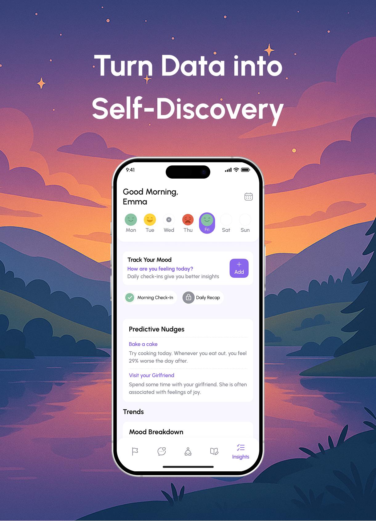 Screenshot of the self-discovery and insights screen in Mind Haven