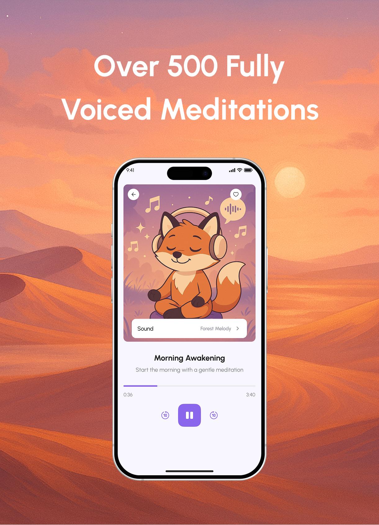 Screenshot of the fully voiced meditations screen in Mind Haven