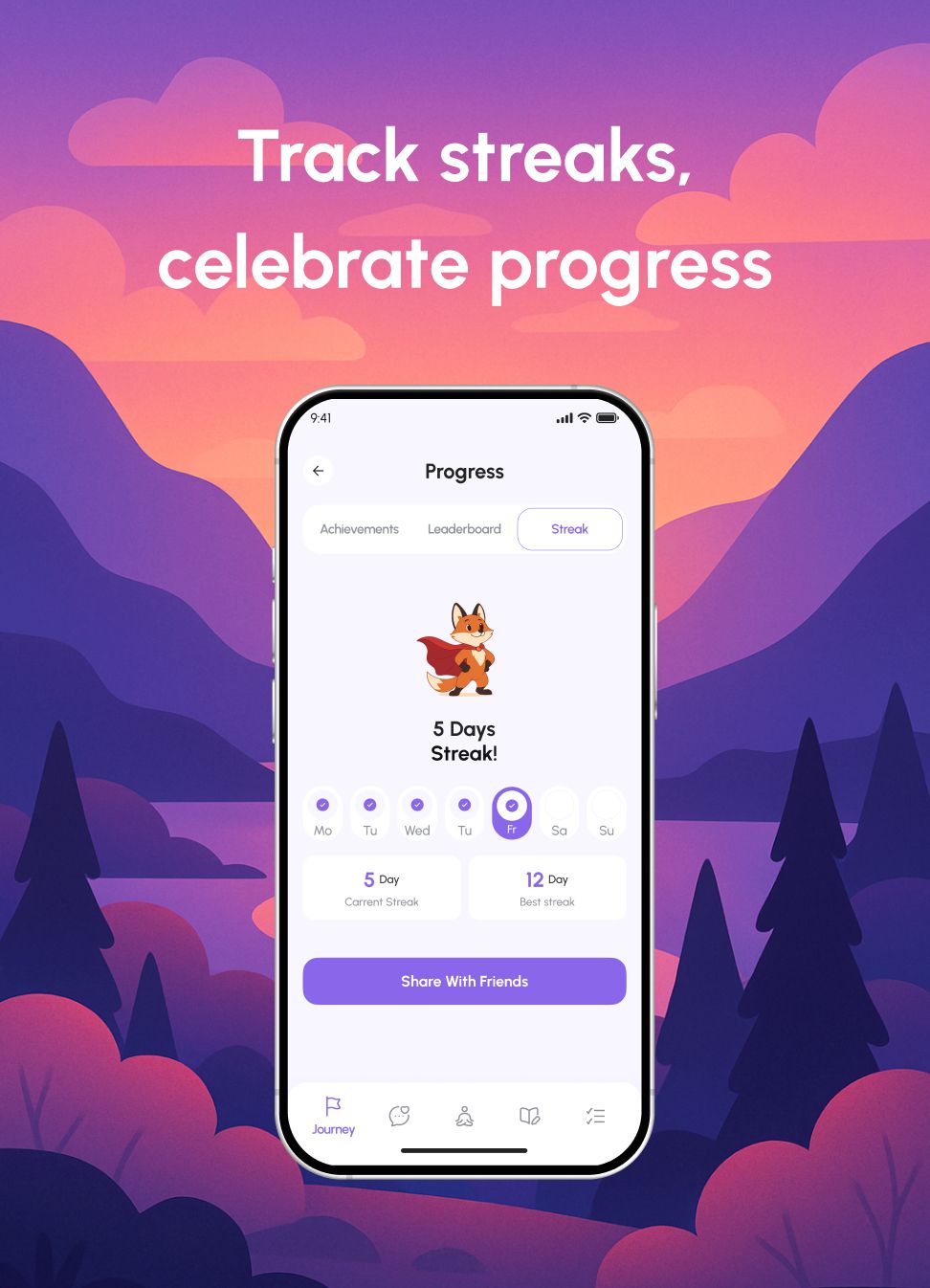 Screenshot of the progress and streaks tracking screen in Mind Haven