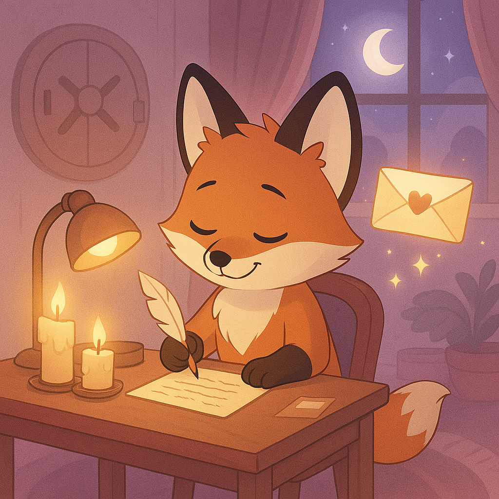 Cute fox wearing headphones in a peaceful meditation pose with musical notes floating around